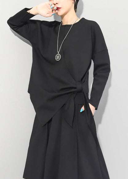 Black O-neck Asymmetrical Tie Waist Bow Top Long Sleeve