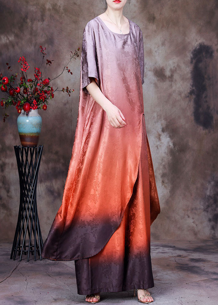 Orange Gradient Color Asymmetrical Design Jacquard Silk Two Piece Set Summer