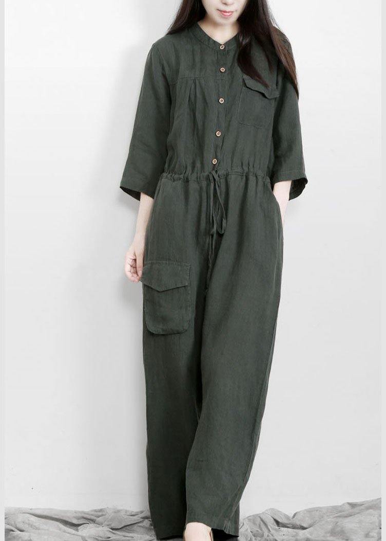 Fitted Tea Green Button Drawstring Fall Linen Jumpsuit Pants