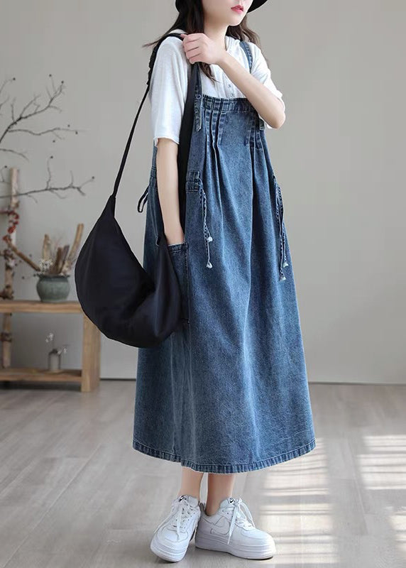 Blue Drawstring Pocket Spaghetti Strap Cotton Denim Dress Spring