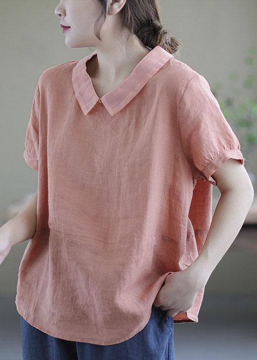 Pink Peter Pan Collar Patchwork Summer Ramie Shirts Short Sleeve
