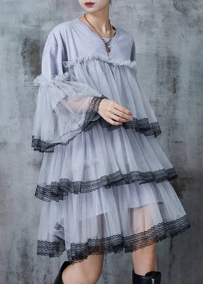 Grey Oversized Patchwork Tulle Vacation Dress Summer