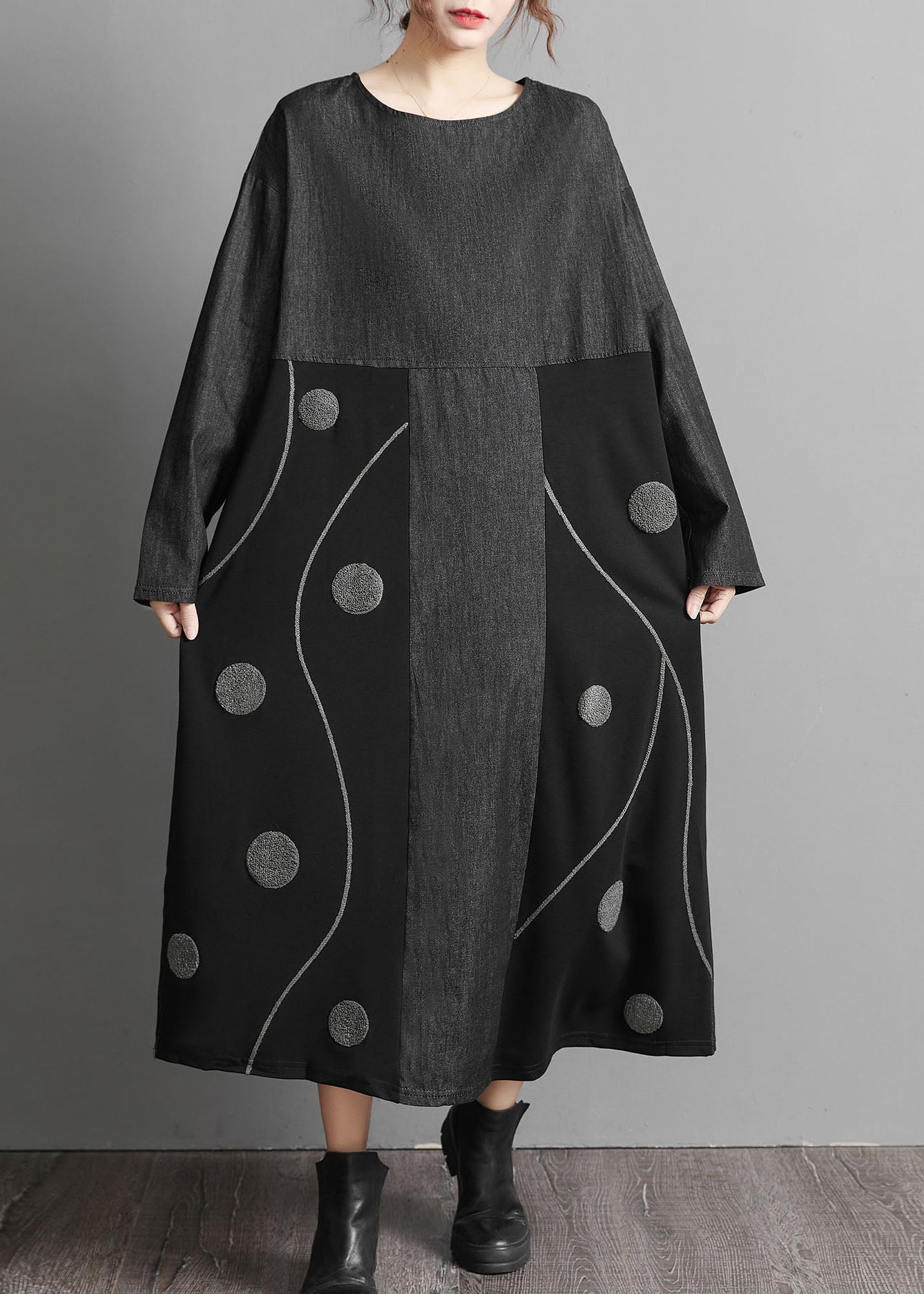 Black Pockets Patchwork Denim Maxi Dresses Embroideried Spring