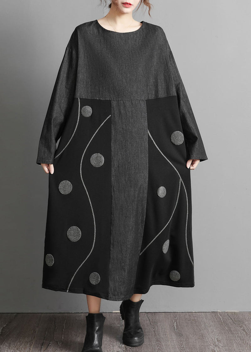 Black Pockets Patchwork Denim Maxi Dresses Embroideried Spring