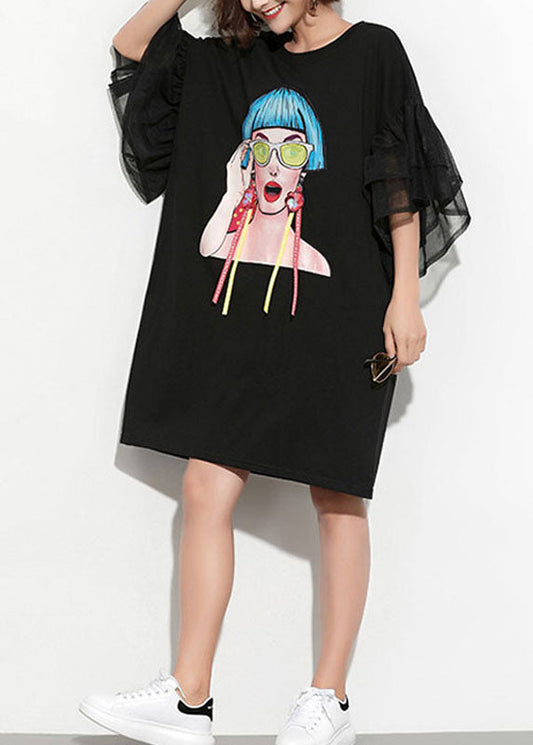 Black O-neck Tulle Patchwork Print Tassel Cotton Maxi Dresses Petal Sleeve