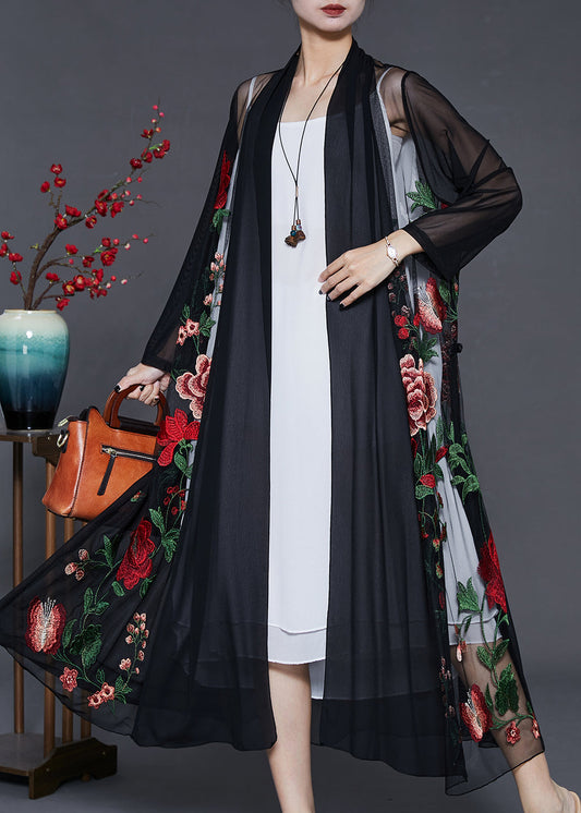 Classy Black Embroidered Tulle Loose Cardigan Summer