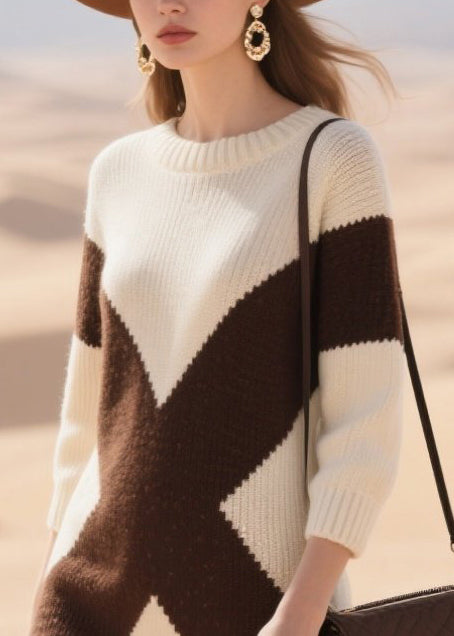 White Oversized Patchwork Lace Knitwear Dress Winter