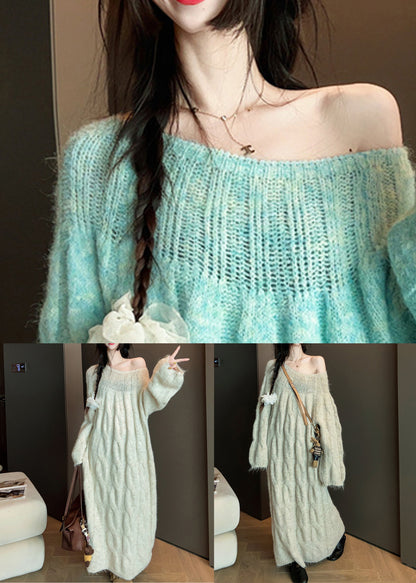 Beige Hollow Out Long Cable Knit Dress Spring