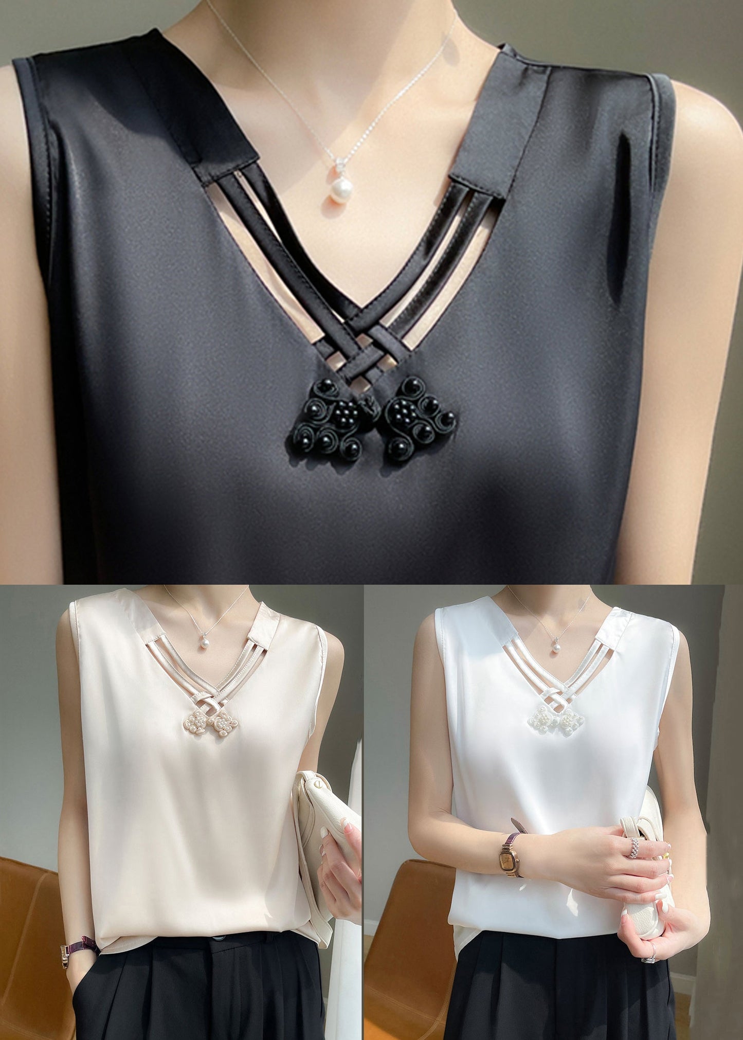 Black V Neck Hollow Out Silk Tank Sleeveless