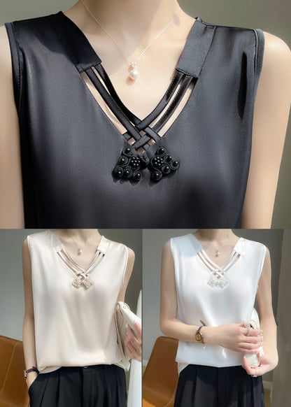 Black V Neck Hollow Out Silk Tank Sleeveless