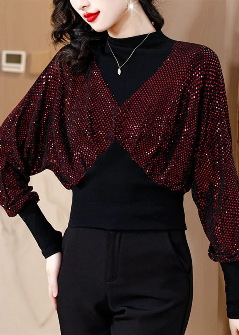 Slim Fit Black O-neck Sequins Patchwork Fake Two Pieces Top Fall