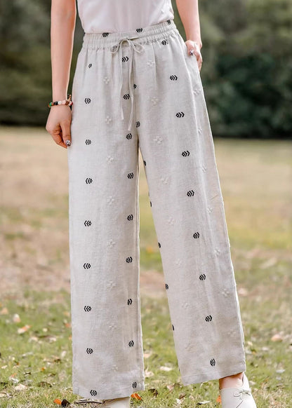 Embroidered Pockets Elastic Waist Linen Pants Summer