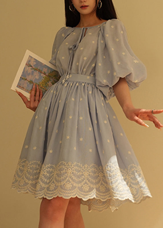Blue Embroidered Patchwork Top and Skirts Two Pieces Set Lantern Sleeve