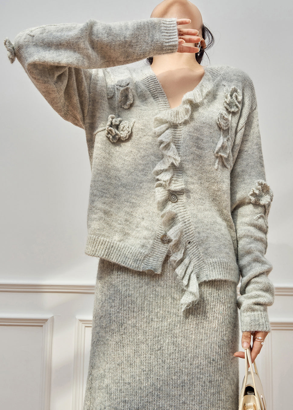 Grey Ruffled Hollow Out Knit Two Piece Set Winter