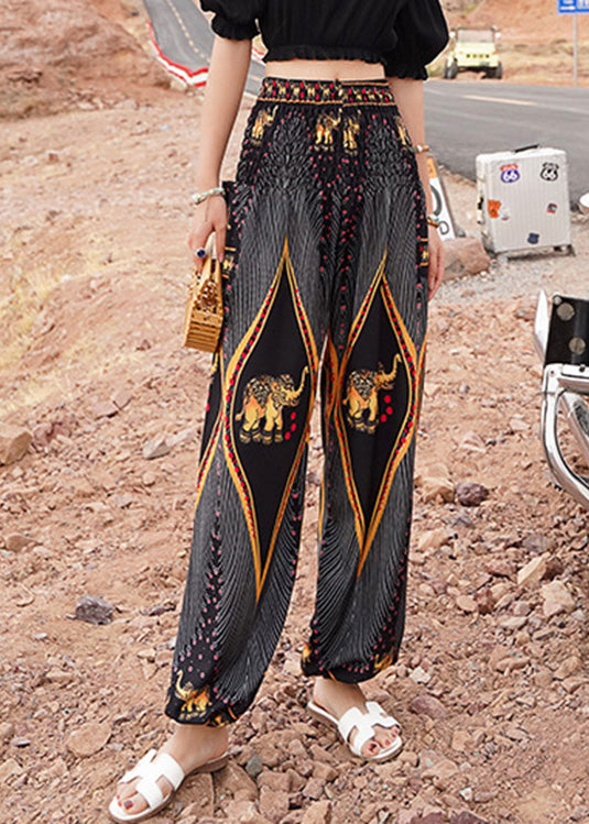 Black Elastic Waist Print Lantern Pants Summer
