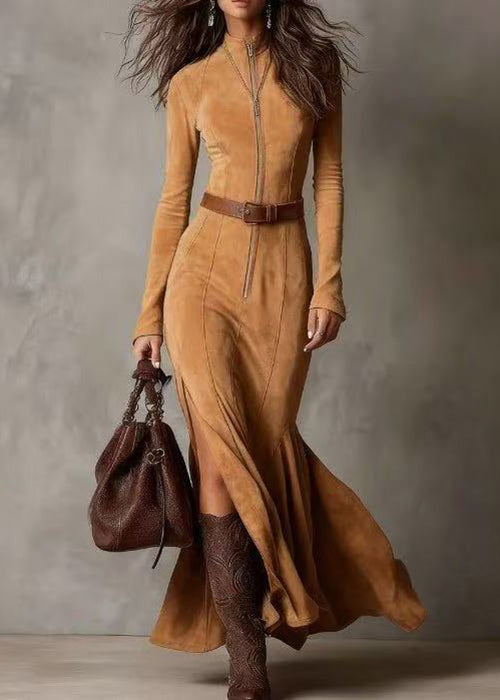 Slim Fit Light Camel Zip Up Side Open Faux Suede Dresses Spring