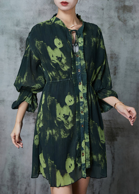 Blackish Green Tie Dye Pleated Dress Spring