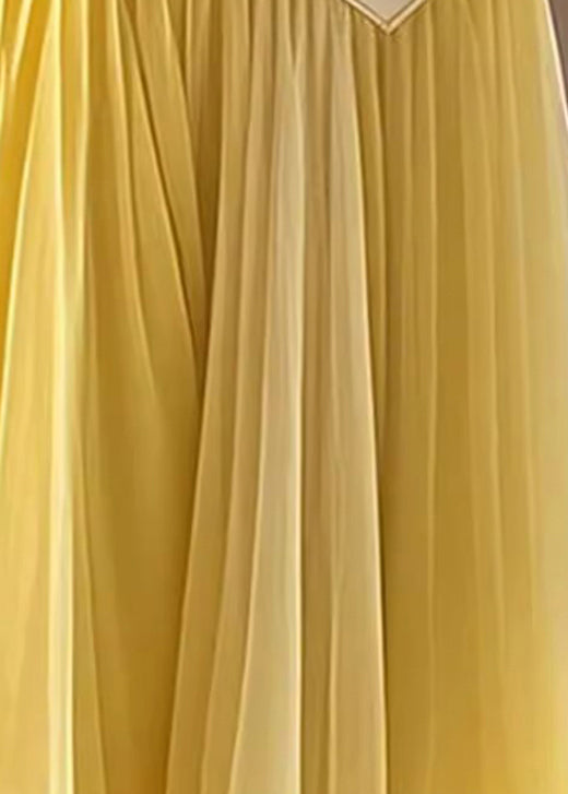 Yellow High Waist Wrinkled Patchwork Tulle Skirt Fall
