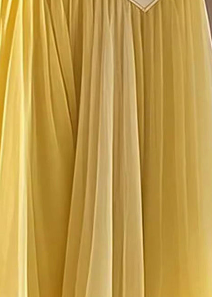 Yellow High Waist Wrinkled Patchwork Tulle Skirt Fall