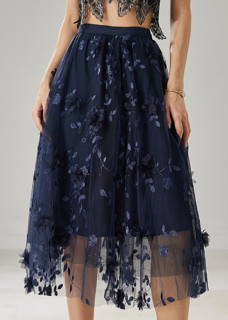 Navy Embroidered Tulle Skirts Summer