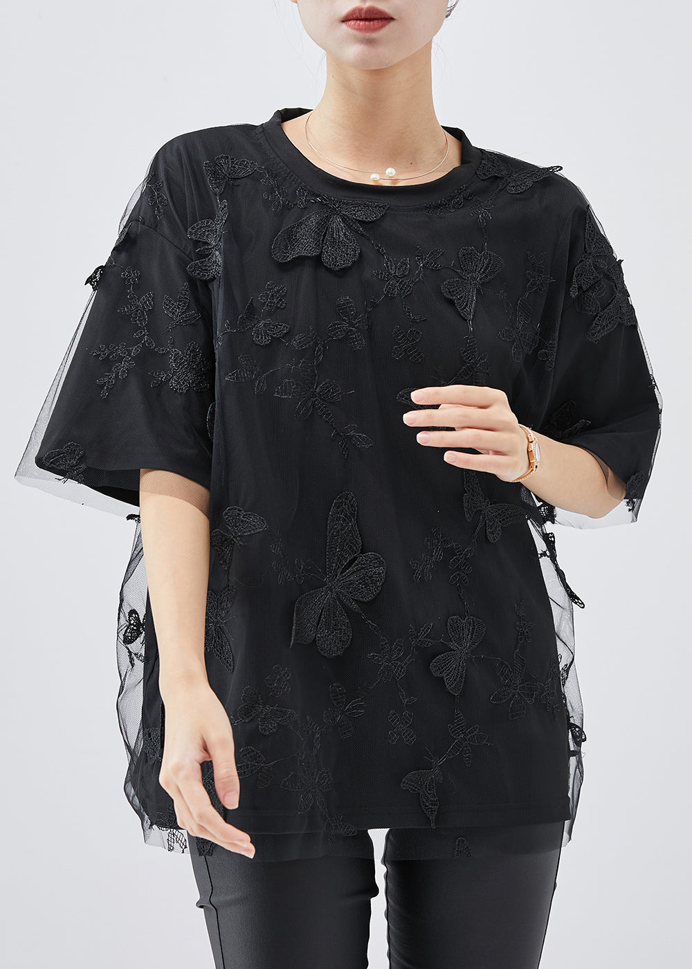 Black Embroideried Butterfly Tulle Tops Summer