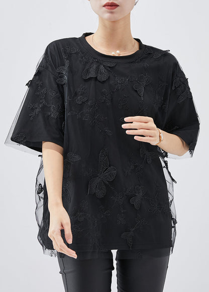 Black Embroideried Butterfly Tulle Tops Summer