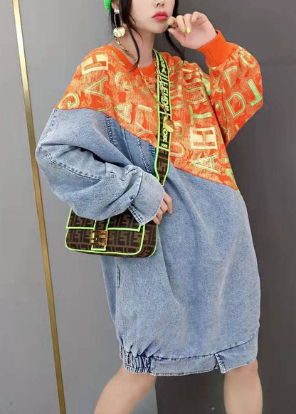 Red O-neck Print Knit Patchwork Denim Dresses Spring