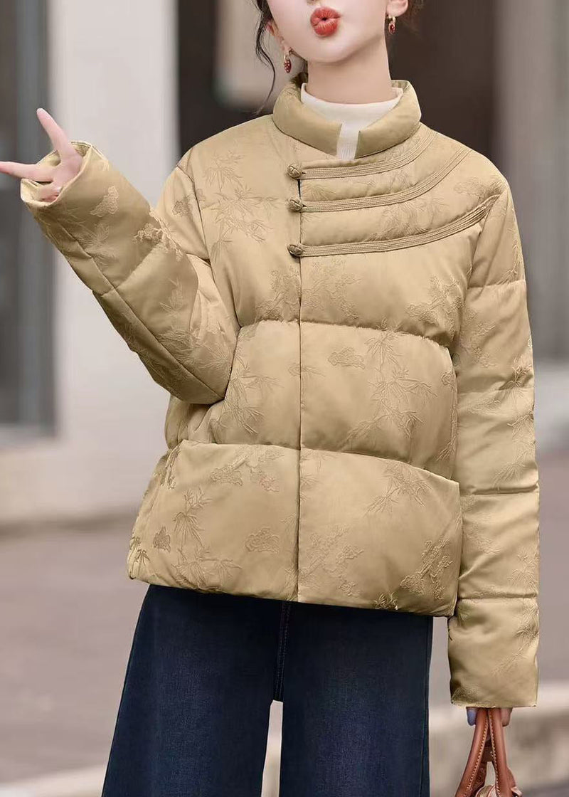 Khaki Stand Collar Chinese Button Duck Down Puffer Coat Winter