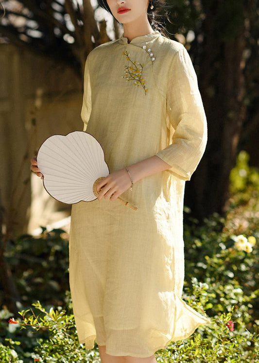 Classy Yellow Embroideried Button Linen Dresses Bracelet Sleeve