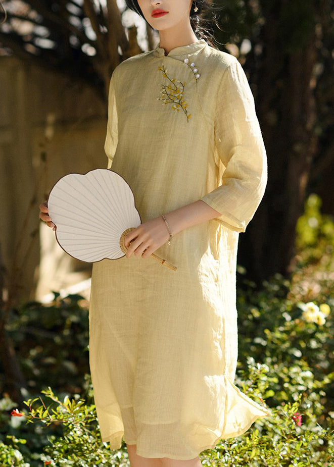 Classy Yellow Embroideried Button Linen Dresses Bracelet Sleeve