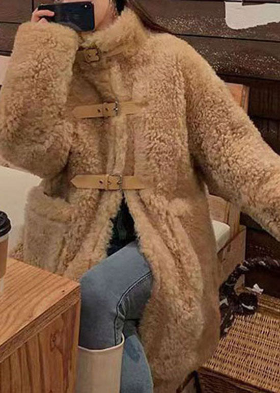 Camel Buckle Strap Patchwork Faux Fur Jacket Winter