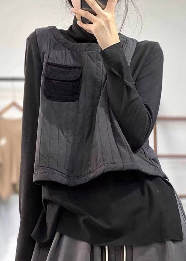 Black O Neck Patchwork Fine Cotton Filled Vest Sleeveless