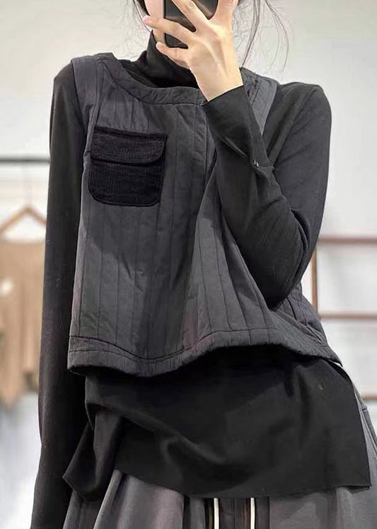 Black O Neck Patchwork Fine Cotton Filled Vest Sleeveless
