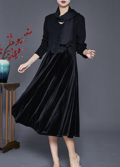 Black V Neck Patchwork Silk Velour Maxi Dresses Fall