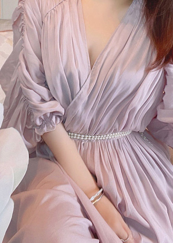 Light Purple V Neck Asymmetrical Pearl Tie Waist Silk Maxi Dress Puff Sleeve