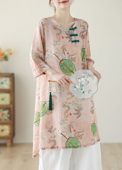Pink O Neck Print Chinese Button Cotton Mid Dress Summer