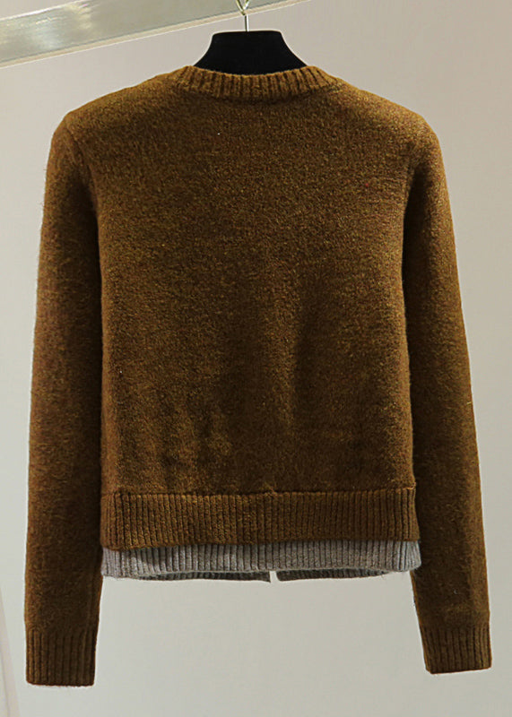 Coffee O-neck Fake Two Pieces Thick Cotton Knit Sweaters Winter