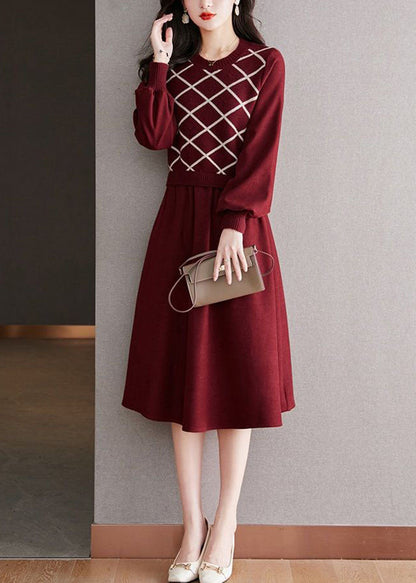 Red O Neck False Two Patchwork Wool Dresses Spring