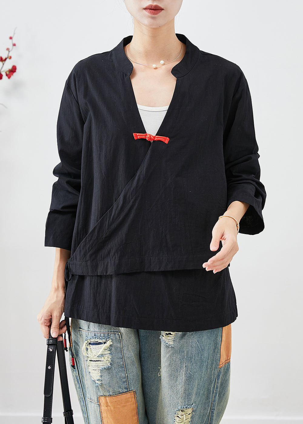 Black Lace Up Chinese Button Cotton Blouse Top Fall