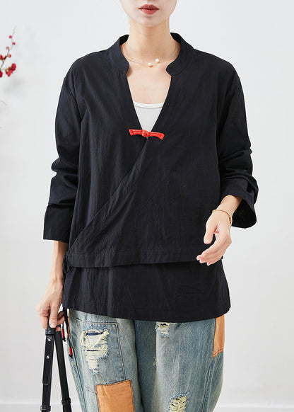 Black Lace Up Chinese Button Cotton Blouse Top Fall