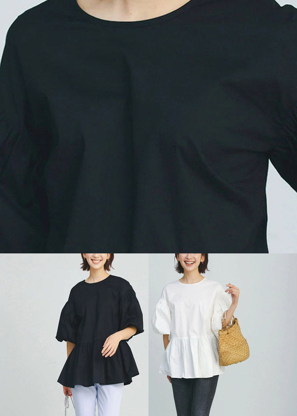 Black O-neck Wrinkled Cotton Shirt Puff Sleeve