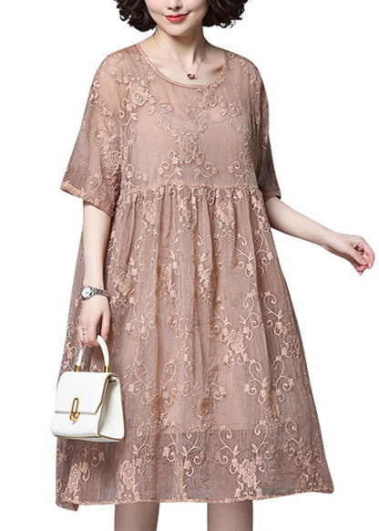 Style Pink O-neck Embroidery Wrinkled Lace Dress Two Piece Set Short Sleeve
