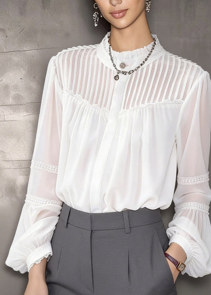 Style White Ruffled Patchwork Chiffon Shirts Lantern Sleeve
