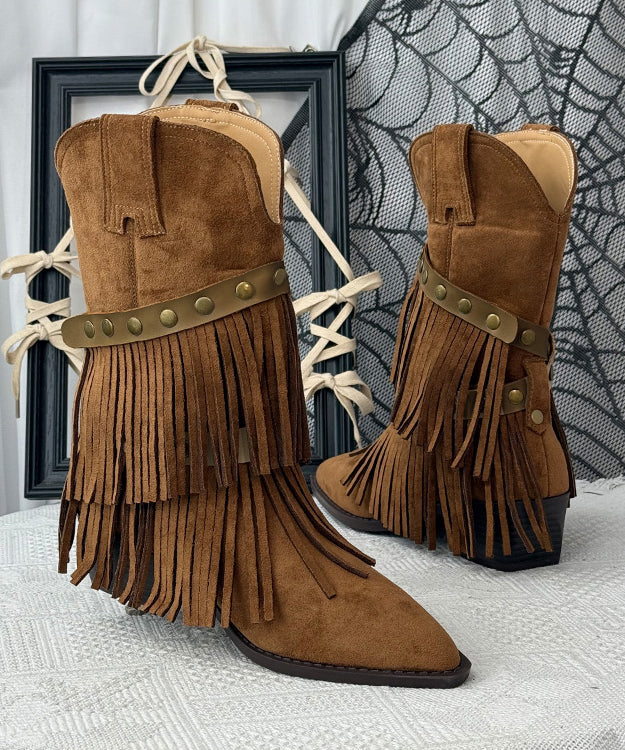 Khaki Suede Tassel Splicing Boots Pointed Toe