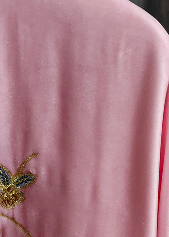 Classy Pink Stand Collar Print Patchwork Silk Velour Outwear Spring