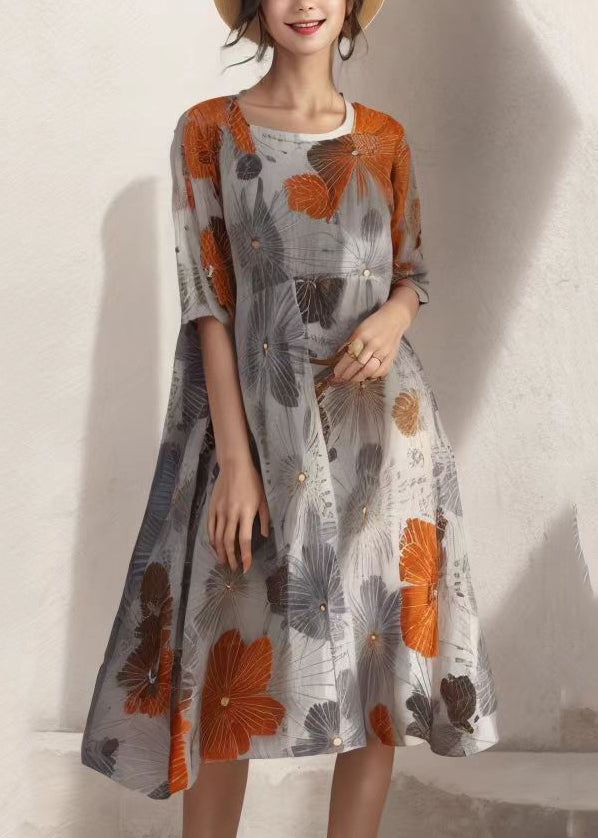 Handmade Grey Print Silk Maxi Dresses Short Sleeve