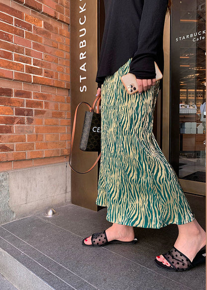 Green Wrinkled Striped Silk Skirt Summer