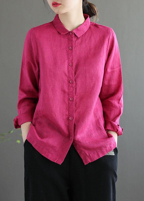 Pink Loose Button Summer Linen Long Sleeve Blouse Top