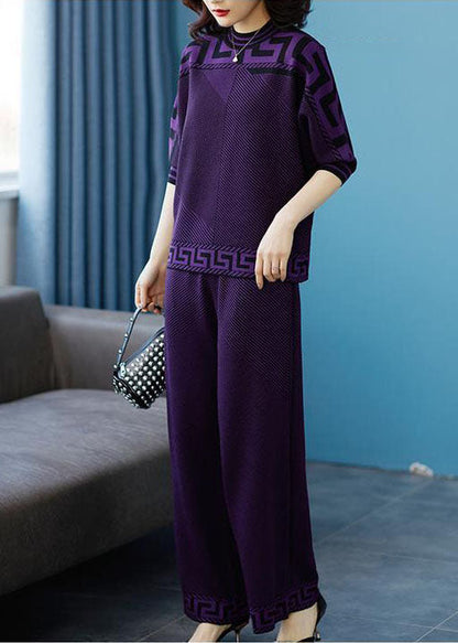 Boutique Purple O-neck Print Draping Silk Sweatshirt Two Piece Suit Set Fall