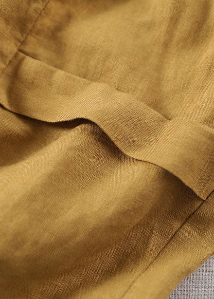 Yellow Elastic Waist Wrinkled Linen Beach Shorts Summer